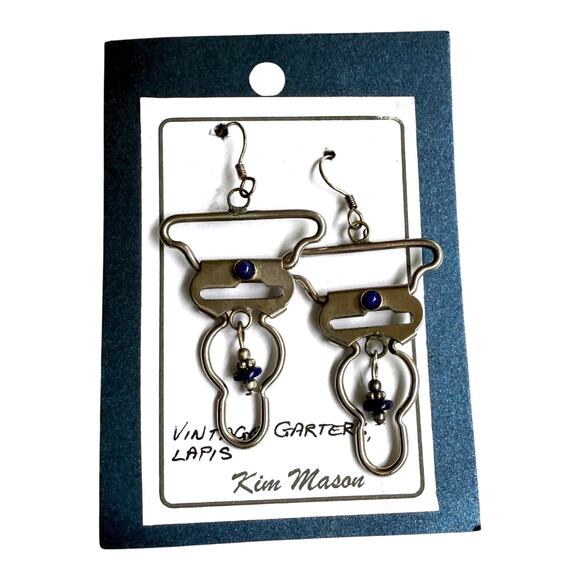 NEW Kim Mason GARTER BELT EARRINGS Silver Blue Lapis Gemstone Bead Dangle Drop - Picture 1 of 6